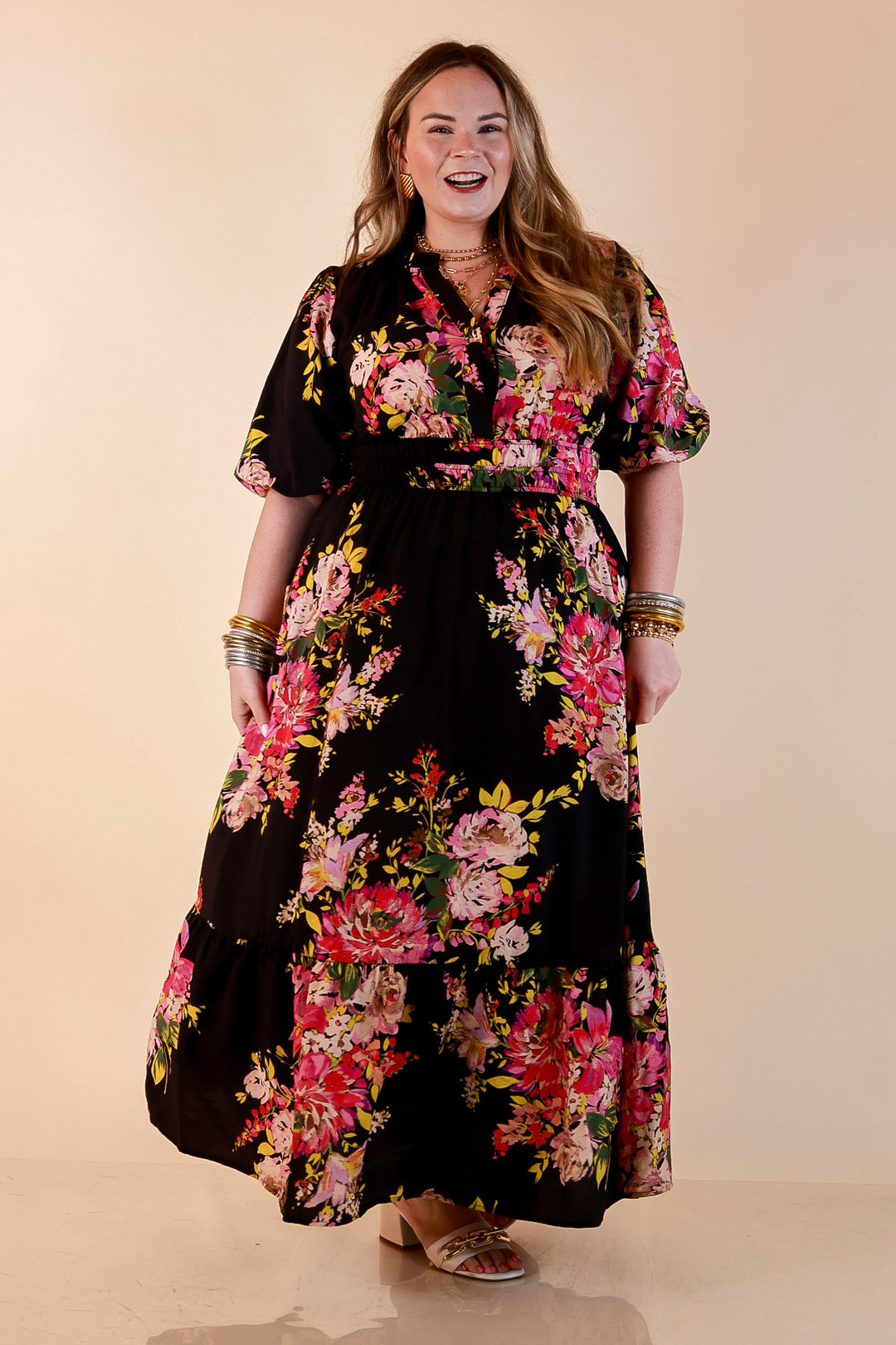 Reserved for Brunch Puff Sleeve Smocked Waist Floral Maxi Dress in Black Multi