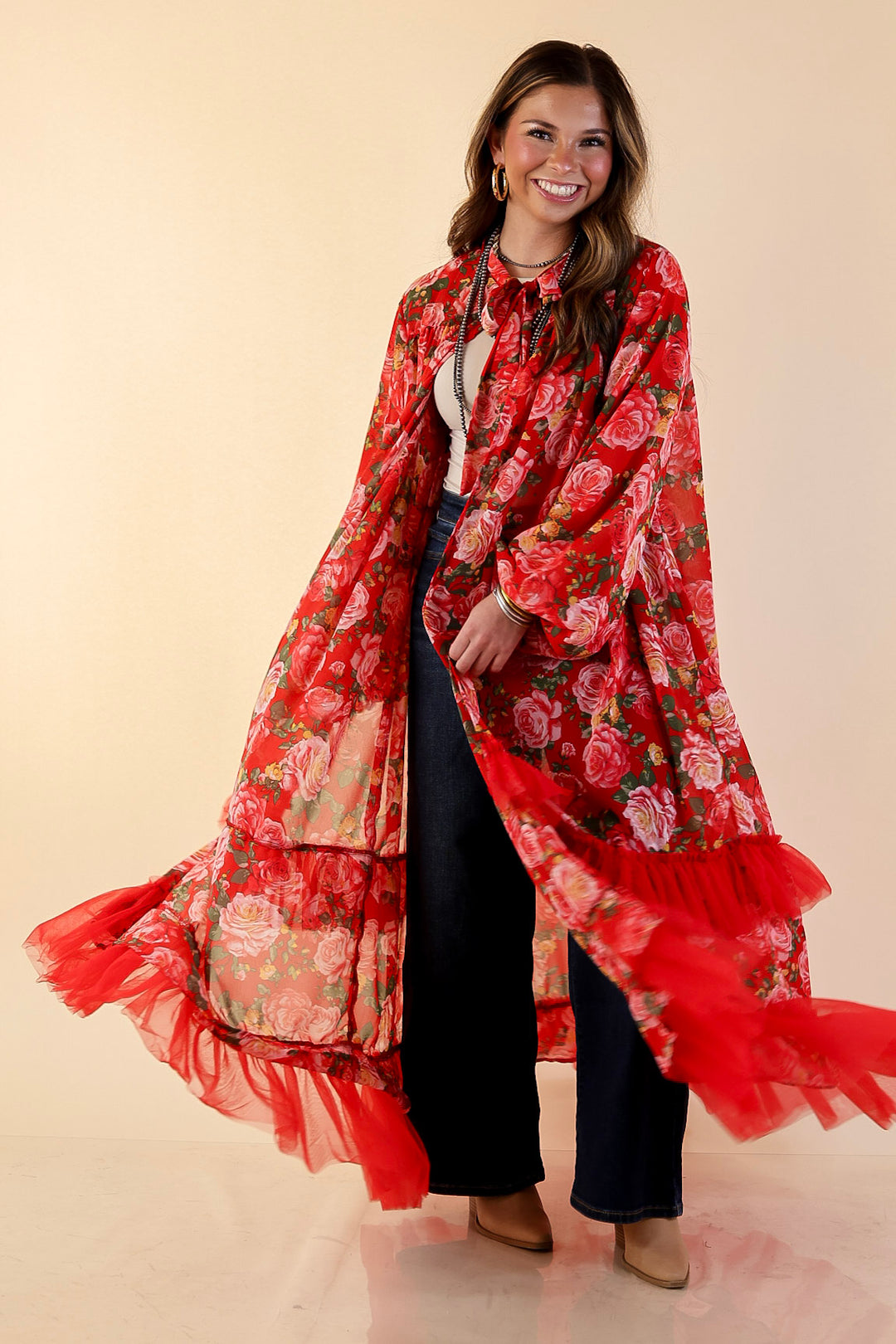 Scarlet Romance Neck Tie Closure Red Rose Floral Drape Statement Kimono Cape in Red
