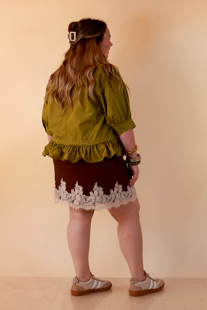 Style Agenda Solid Button Down Peplum Top in Chartreuse Olive Green