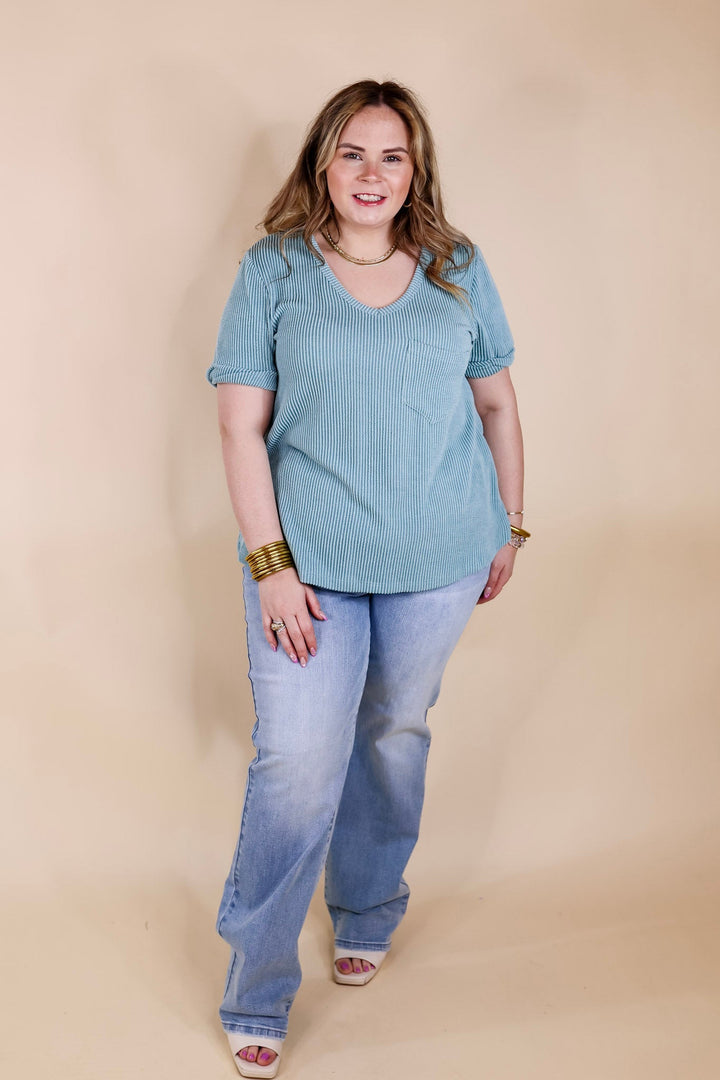 Only True Love Ribbed Short Sleeve Top with Front Pocket in Dusty Turquoise - Giddy Up Glamour Boutique