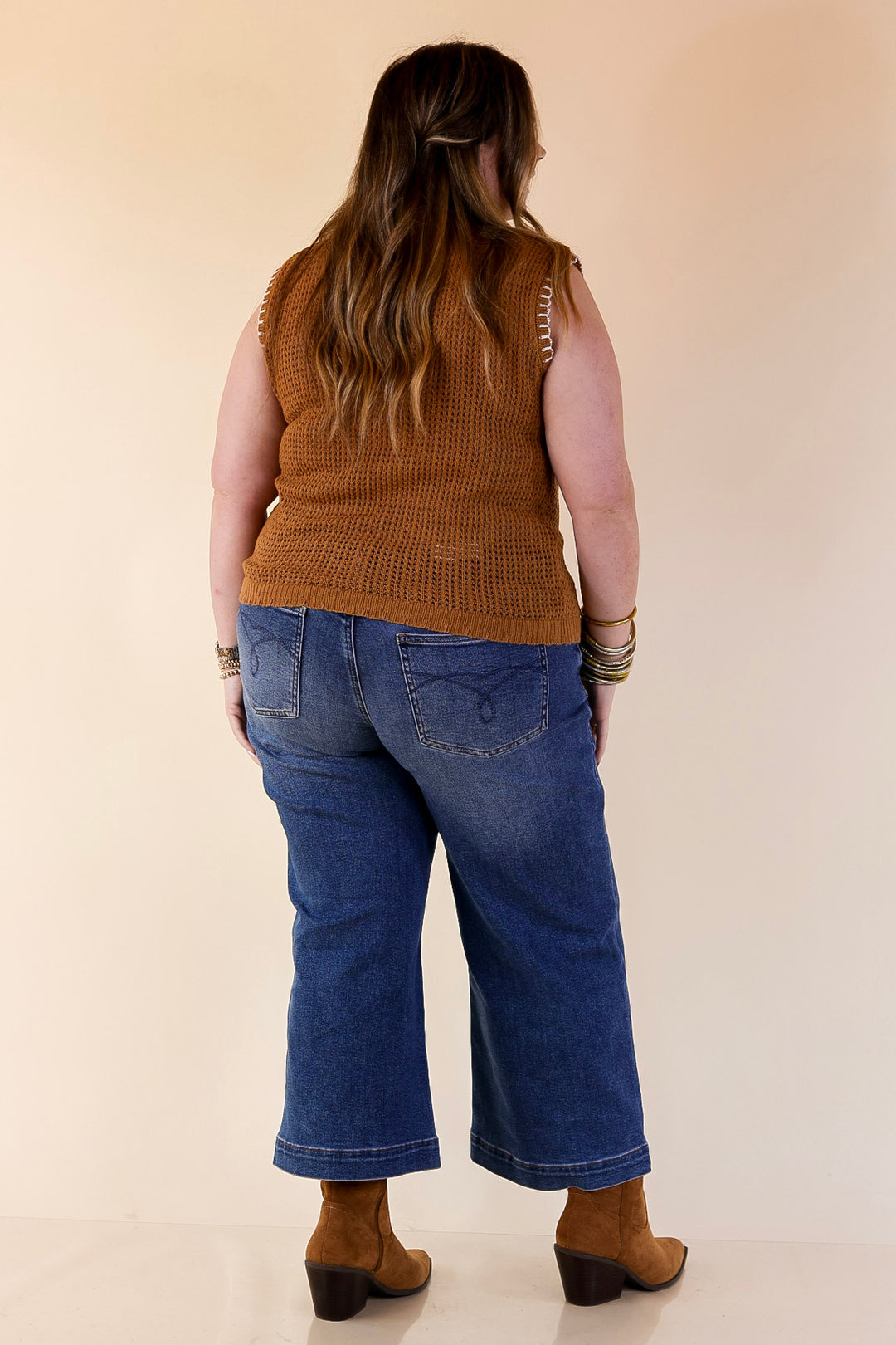 Simply Southern | Olivia Large Knit Sweater Vest with Contrast White Stitching in Tan Brown