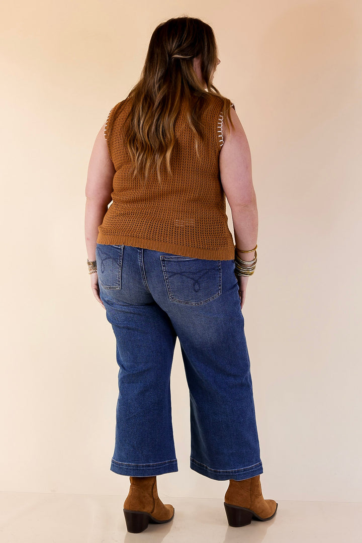 Simply Southern | Olivia Large Knit Sweater Vest with Contrast White Stitching in Tan Brown