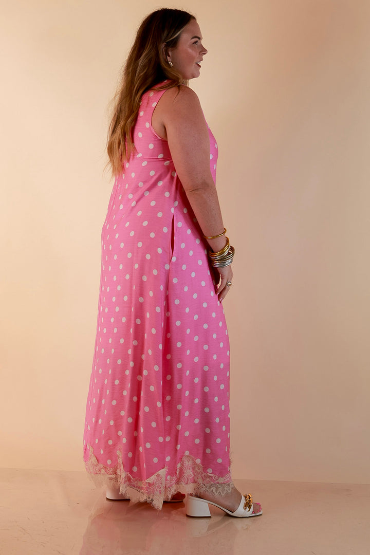 Sweet Little Something Polka Dot Sleeveless Maxi Dress with Lace Trim in Pink