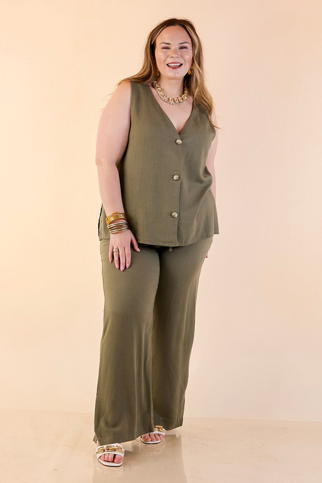 Styled in Comfort Linen Wide Leg Drawstring Pants in Olive Green