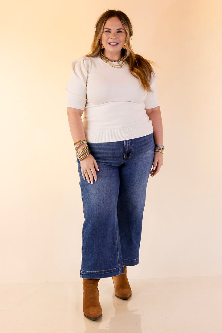 Sweet Sophistication Puff Short Sleeve Knit Sweater with Scoop Neck in Ivory
