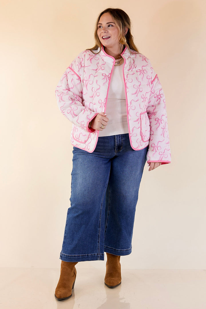 Mud Pie | Cher Quilted Jacket with Pink Bow Print and Pink Piping and Pockets in Off White