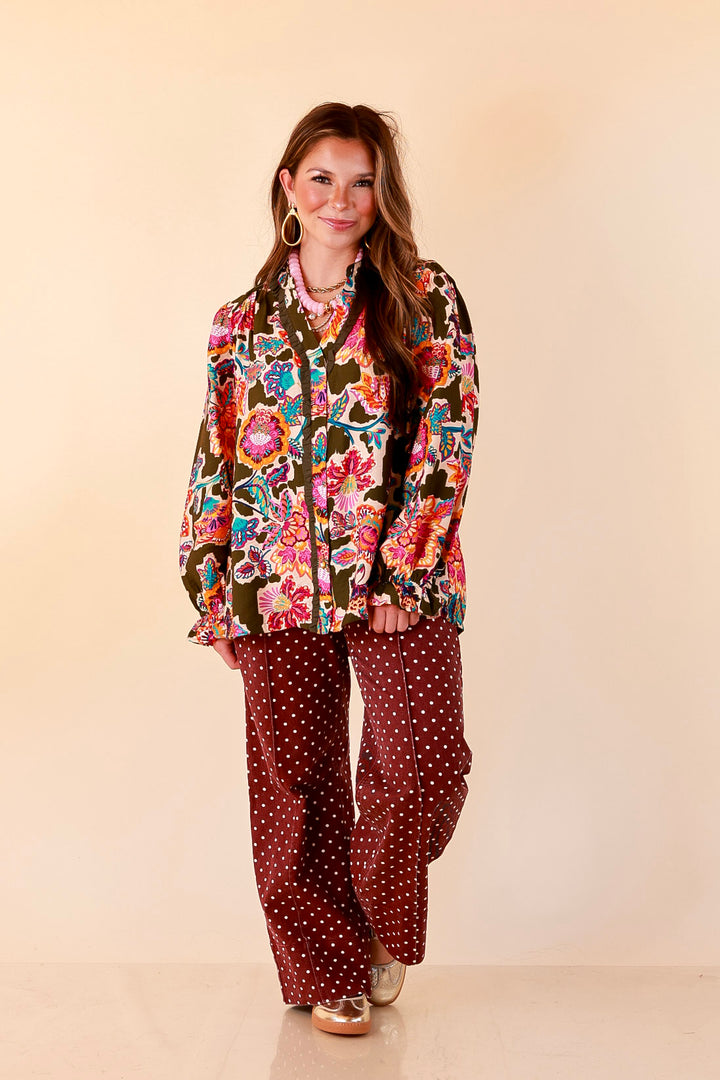 Petal Pop Floral Print Ruffle Front Button Up Long Sleeve Top with Balloon Sleeves in Olive Green