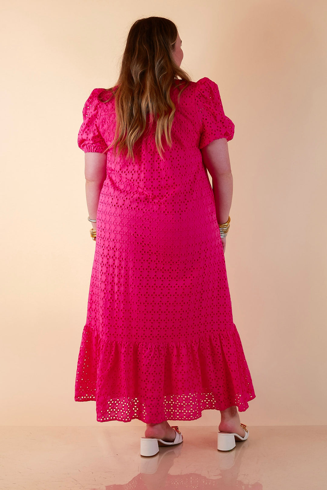 Meet Me at Sunset Eyelet Lace Puff Sleeve Tiered Maxi Dress in Hot Pink