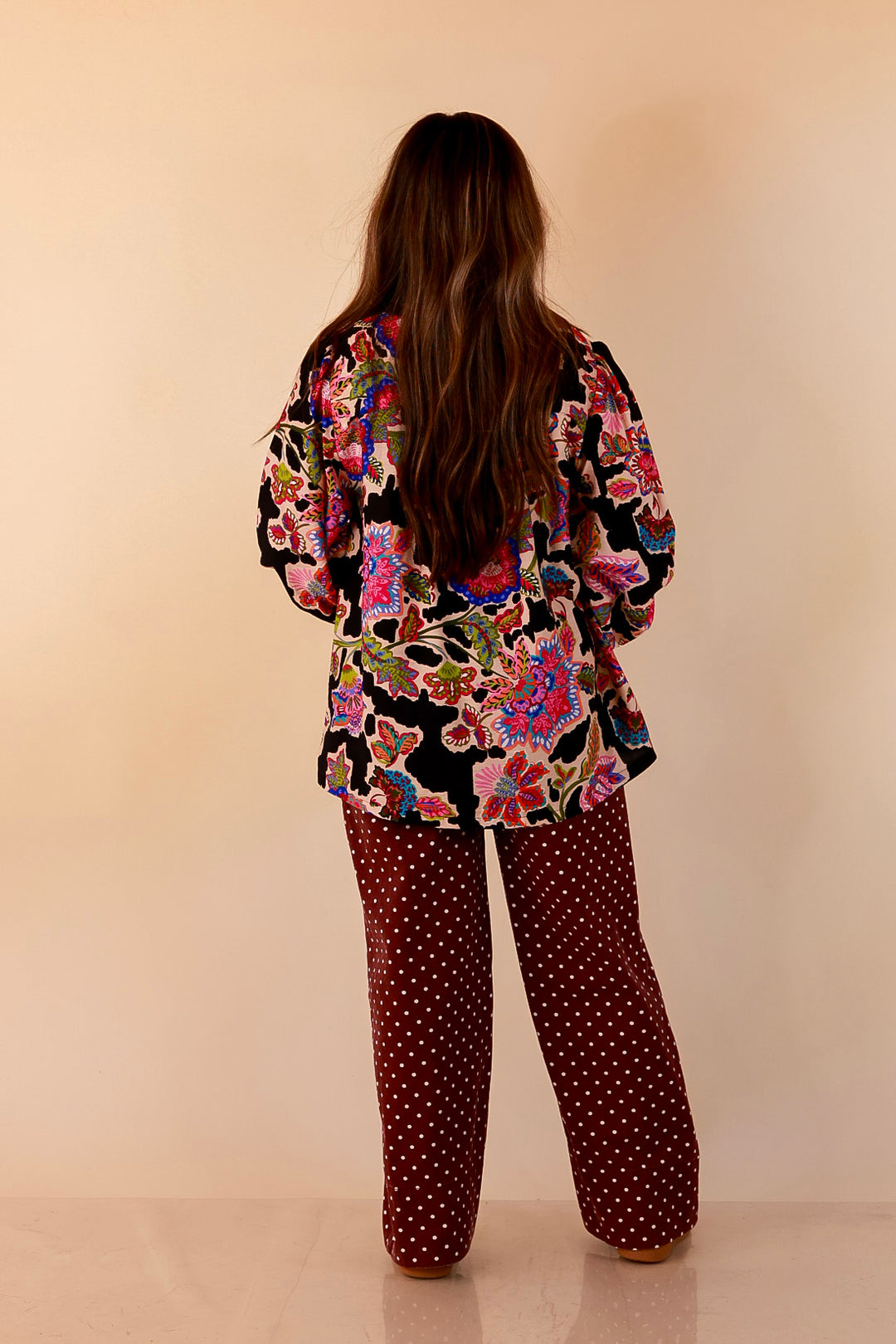 Petal Pop Floral Print Ruffle Front Button Up Long Sleeve Top with Balloon Sleeves in Black