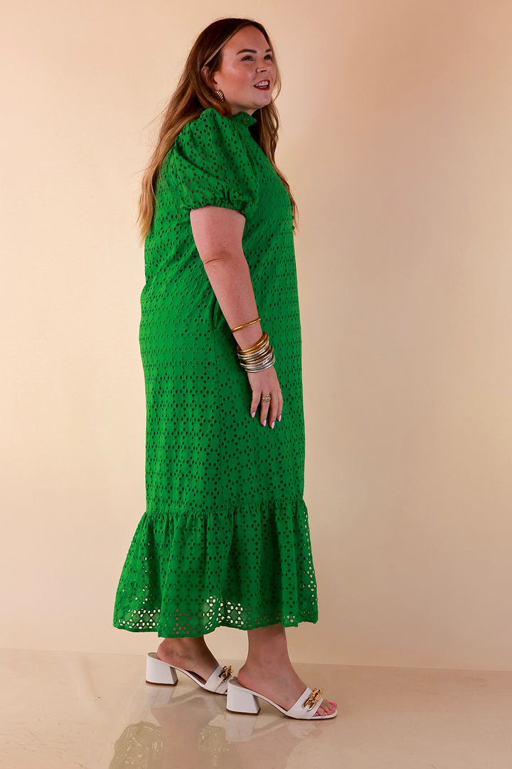 Meet Me at Sunset Eyelet Lace Puff Sleeve Tiered Maxi Dress in Kelly Green