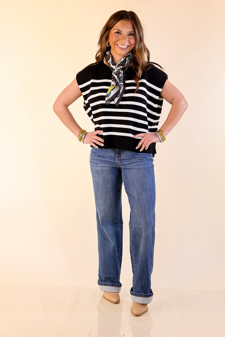 Stripe Things Up Drop Shoulder Knit Sweater in Black with Ivory Stripes