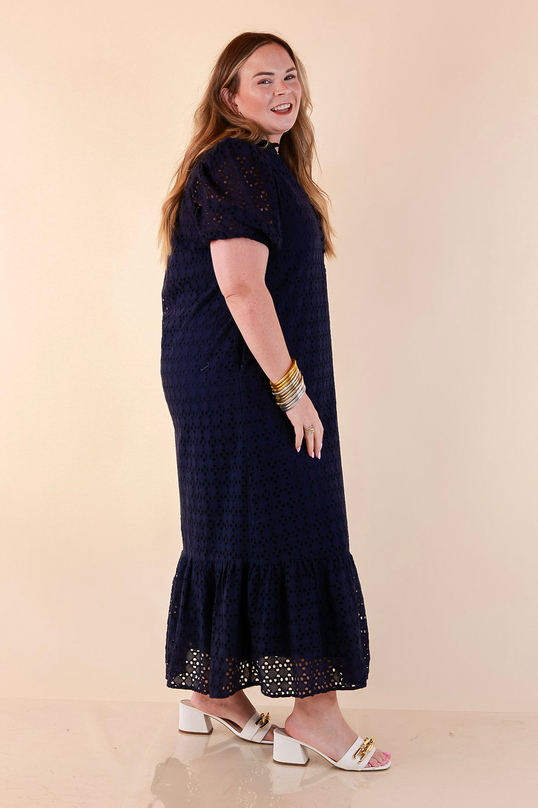 Meet Me at Sunset Eyelet Lace Puff Sleeve Tiered Maxi Dress in Navy Blue