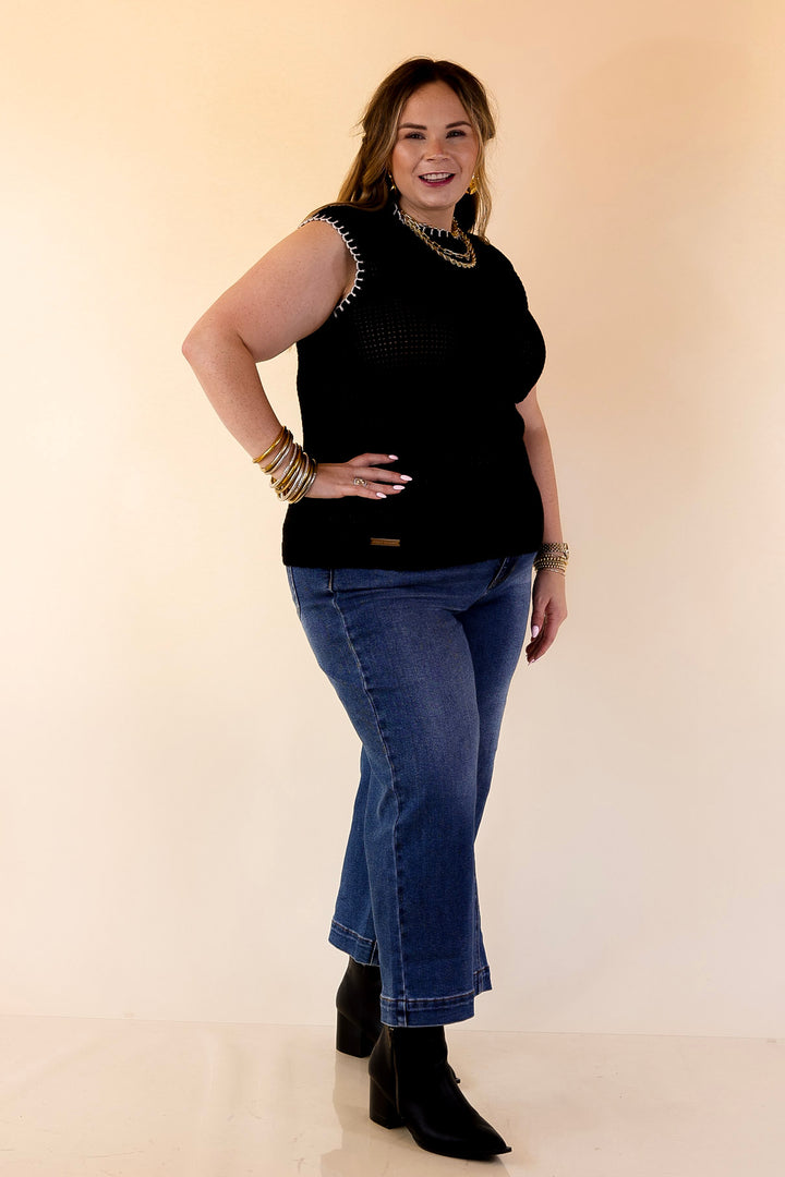 Simply Southern | Olivia Large Knit Sweater Vest with Contrast White Stitching in Black