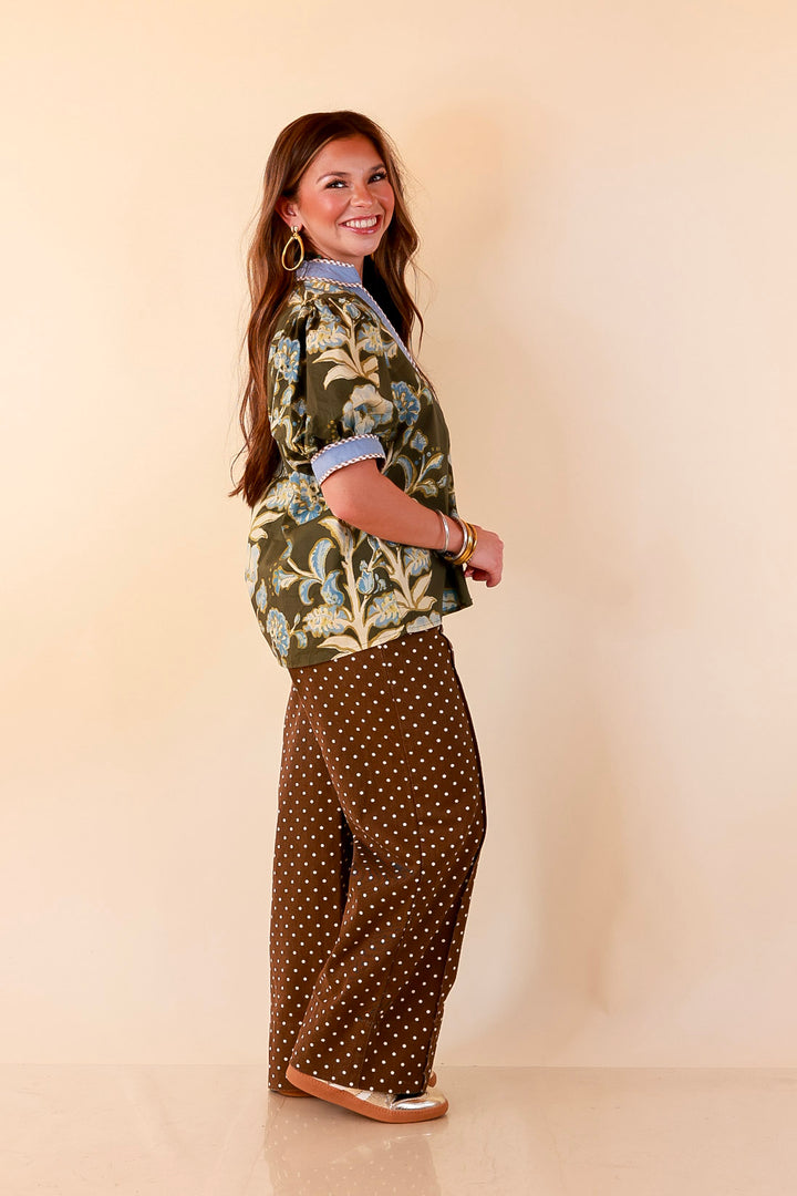 Pop of Polish Short Puff Sleeve Button Front Floral Top with Contrast Trim in Olive Green and Blue