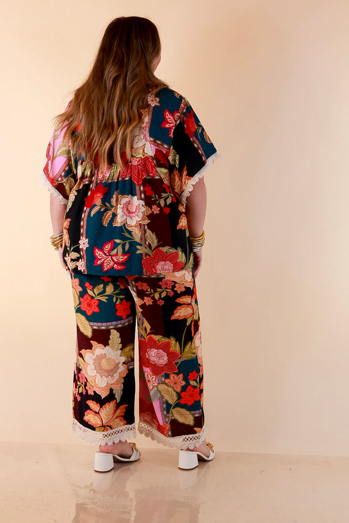 Patchwork Flair Floral Patchwork Print Wide Leg Pants with Lace Trim in Pink Mix