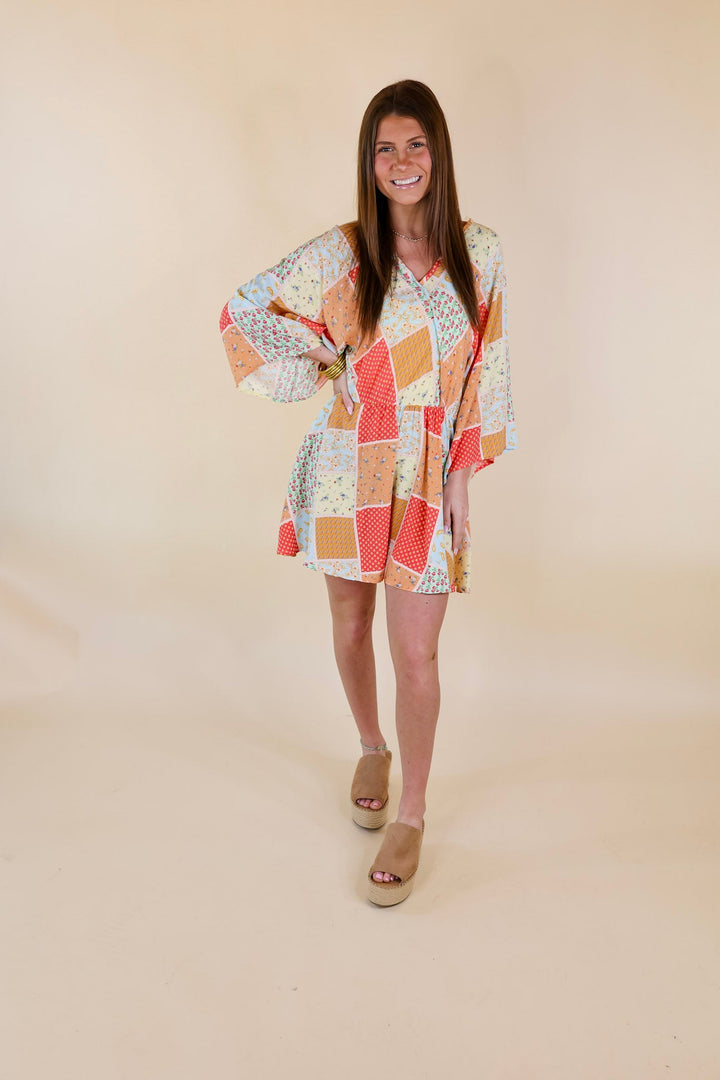 Pushing Limits Floral Patch Print Romper with 3/4 Sleeves - Giddy Up Glamour Boutique