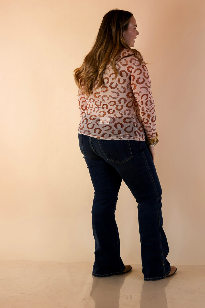 The Perfect Layer Horseshoe Print Mesh Long Sleeve Top in Cream and Brown