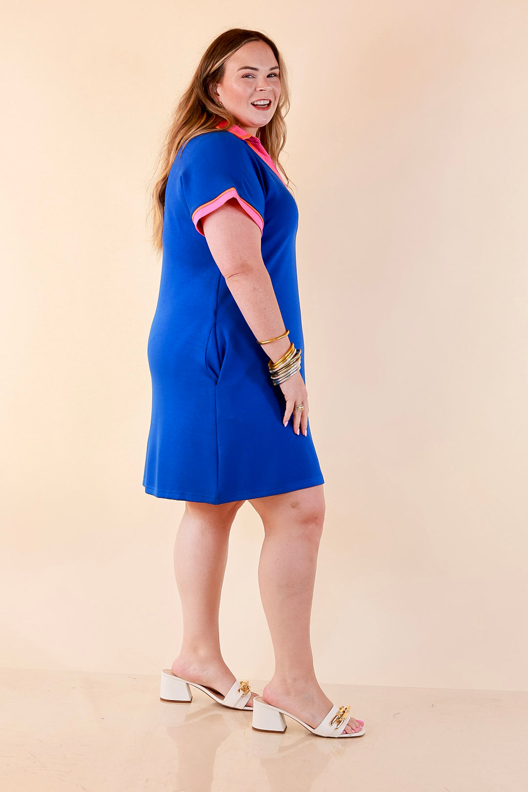 Color Me Confident Pink and Orange Contrast Trim Collared Shift Dress in Royal Blue