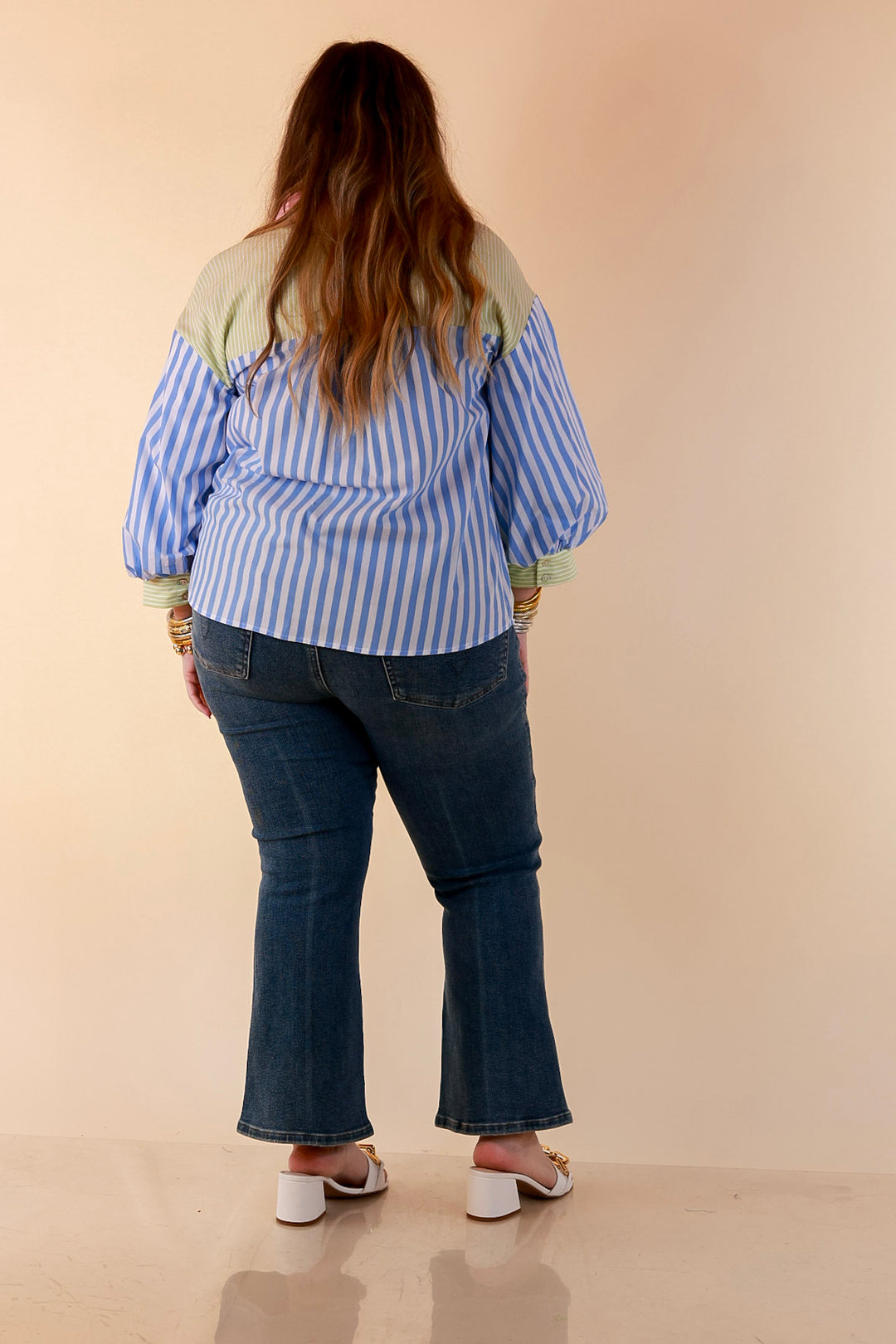 Lovely Impression Colorblock Stripe Button Front Top with Balloon Sleeves in Pink, Blue and Green