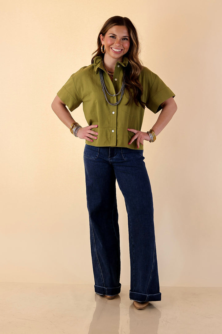 Casual Composure Button Front Short Sleeve Linen Top in Olive Green