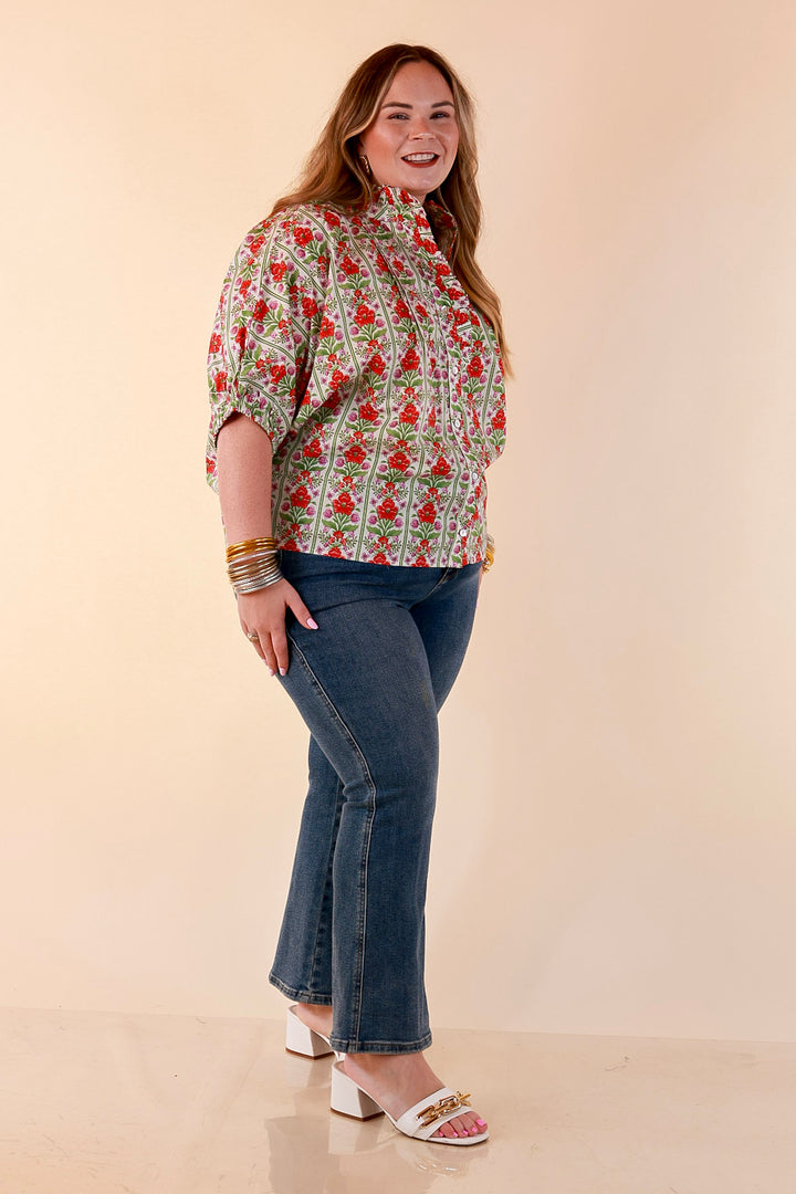 Charming Details Floral Print Button Front Dolman Top with Ruffle Collar in Ivory
