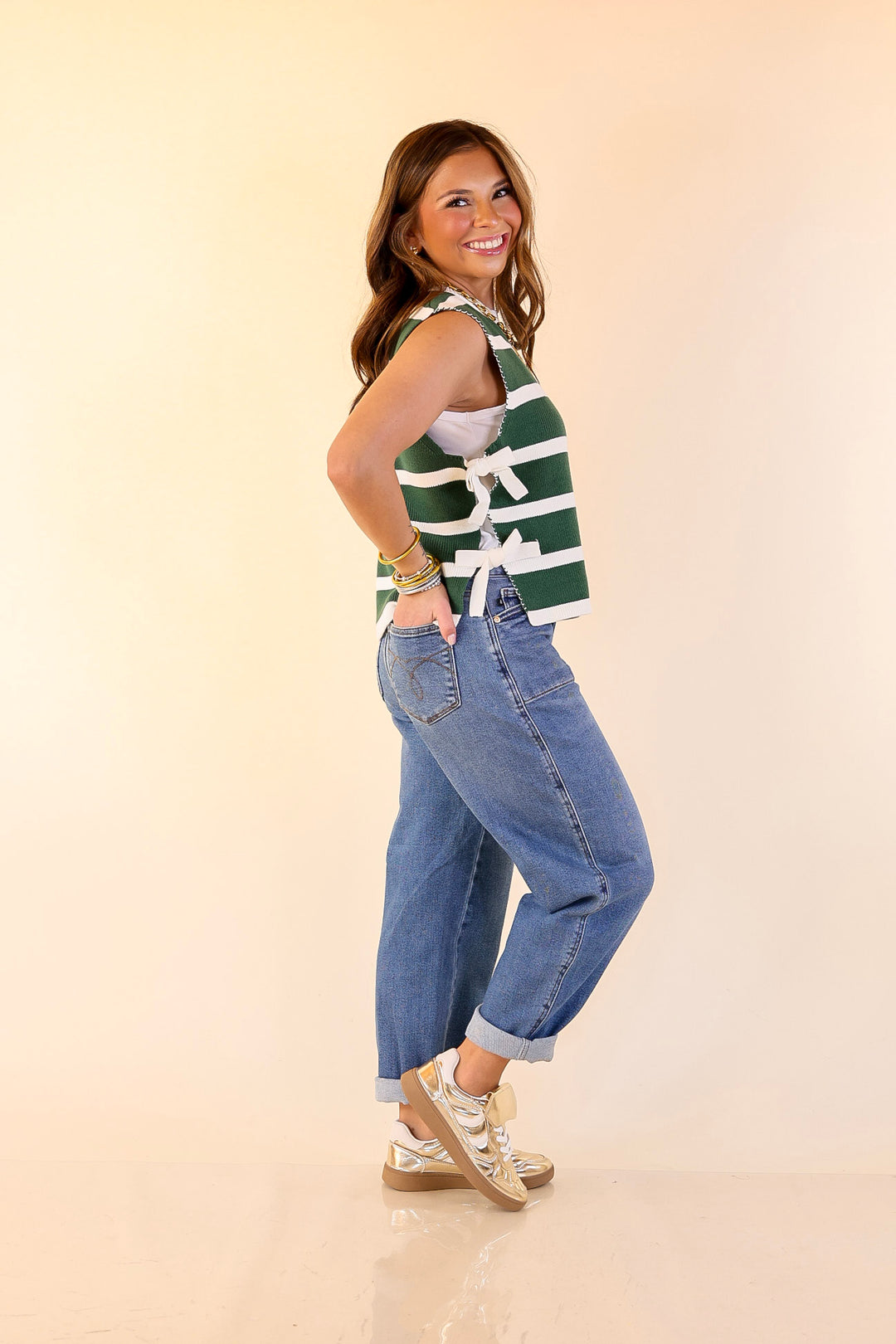 Tied Up in Style Knit Sweater with Side Ties in Forest Green with Off White Stripes