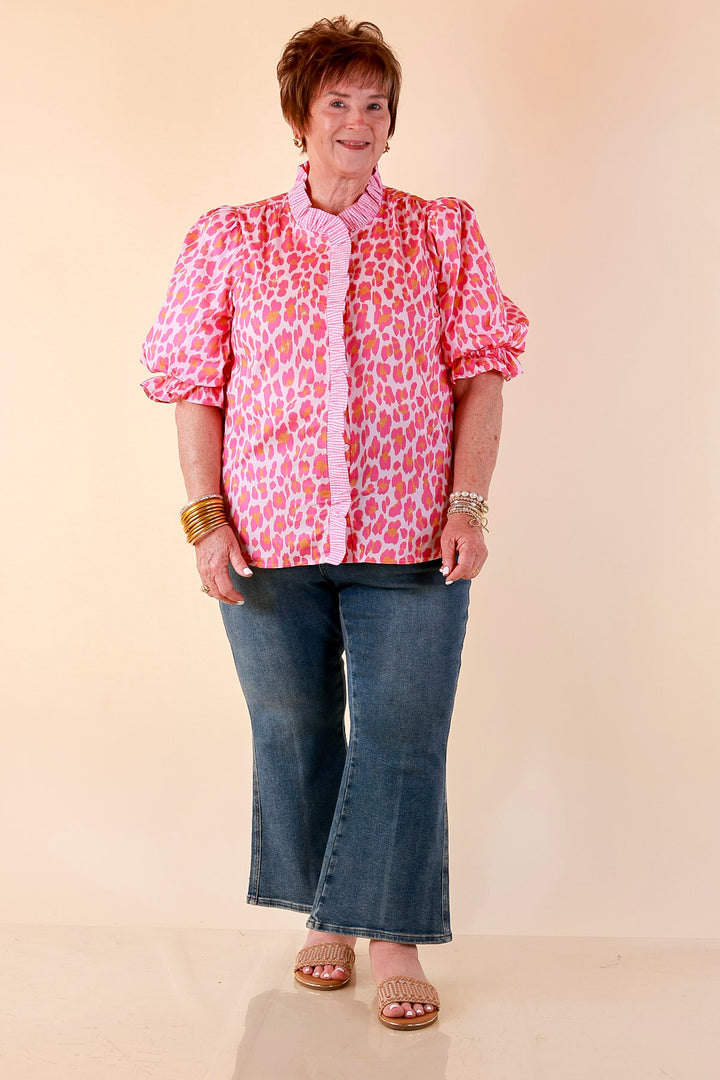 Catch the Compliments Puff Sleeve Ruffle Trim Leopard Print Statement Top in Pink and Orange