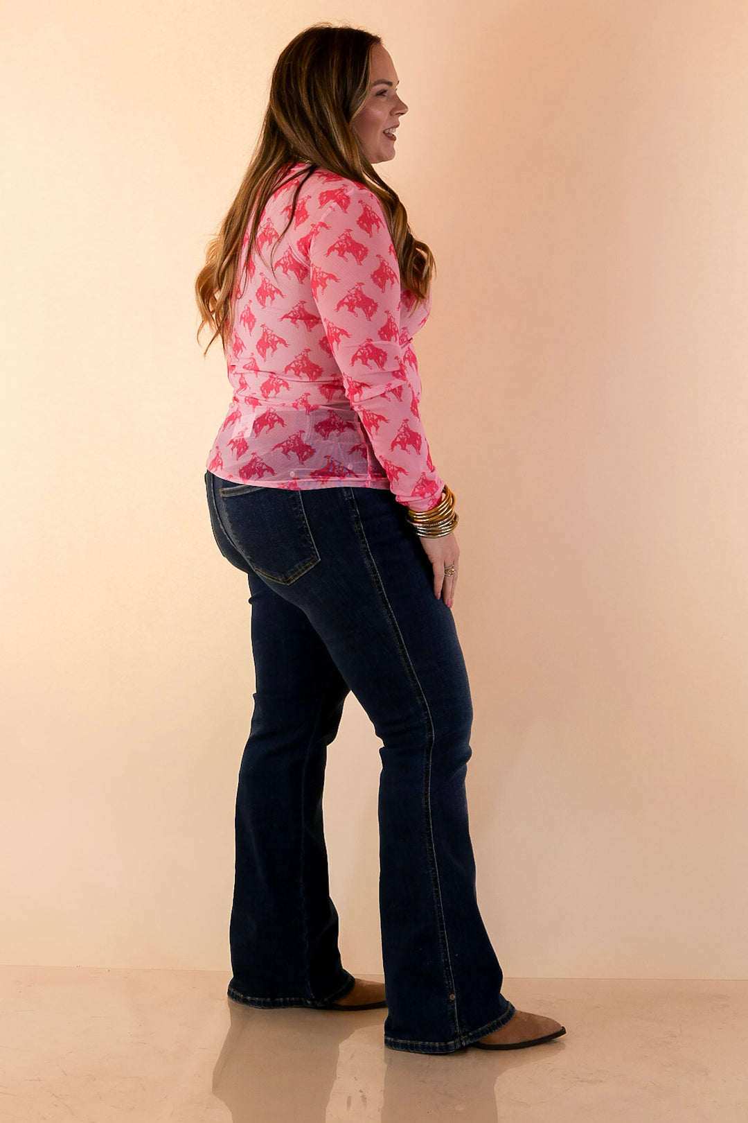 The Perfect Layer Hot Pink Bronc Print Mesh Long Sleeve Top in Pink