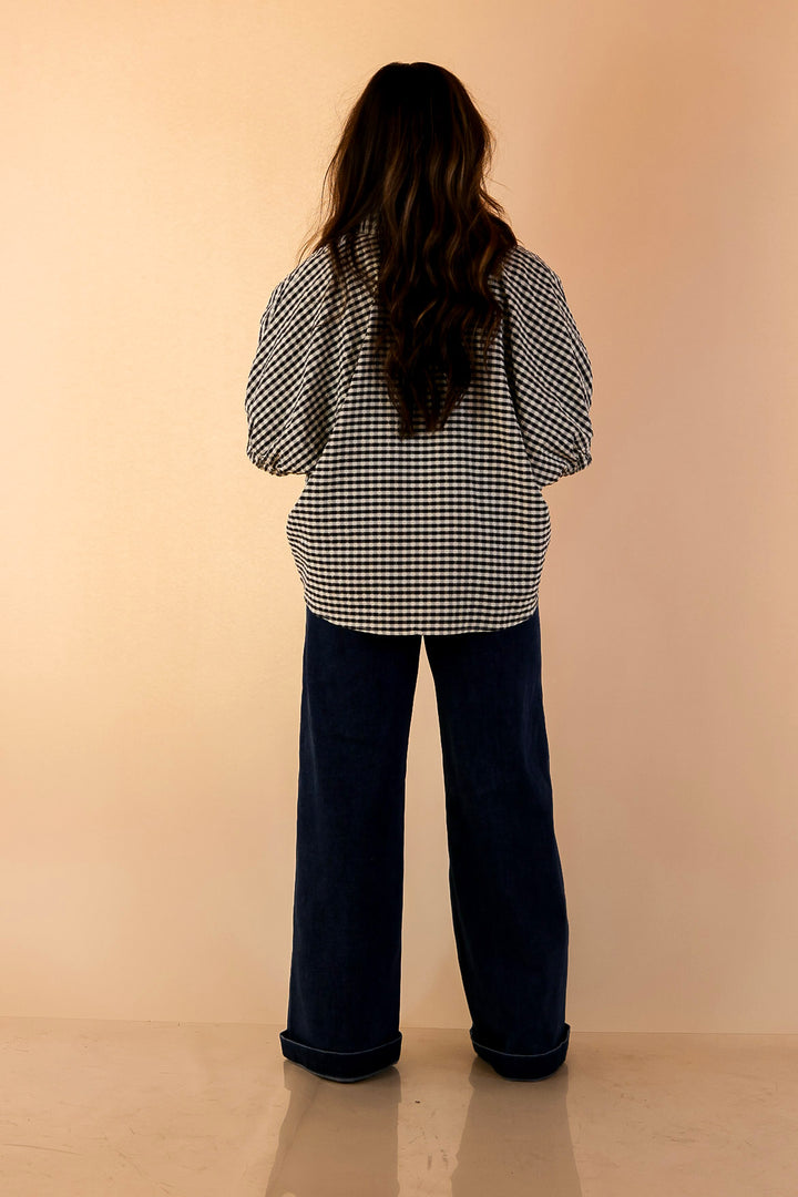 Naturally Stylish Gingham Plaid Top with Contrast Stripe Trim and Short Dolman Sleeves in Black