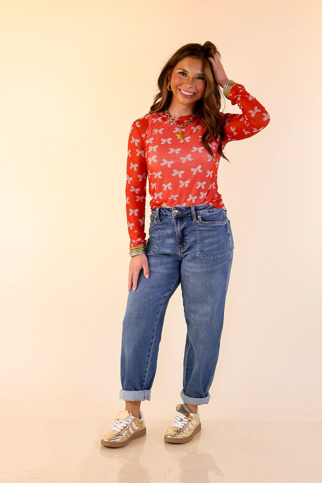 The Perfect Layer Bow Print Mesh Long Sleeve Top in Red and Ivory