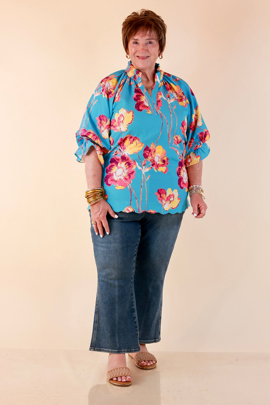 Petal Perfect Floral Print Textured Puff Sleeve Top with Ruffle Split Neckline in Aqua Mix