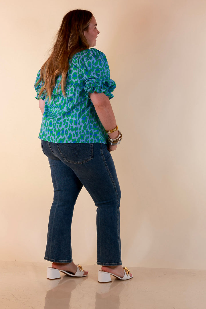 Catch the Compliments Puff Sleeve Ruffle Trim Leopard Print Statement Top in Green and Blue