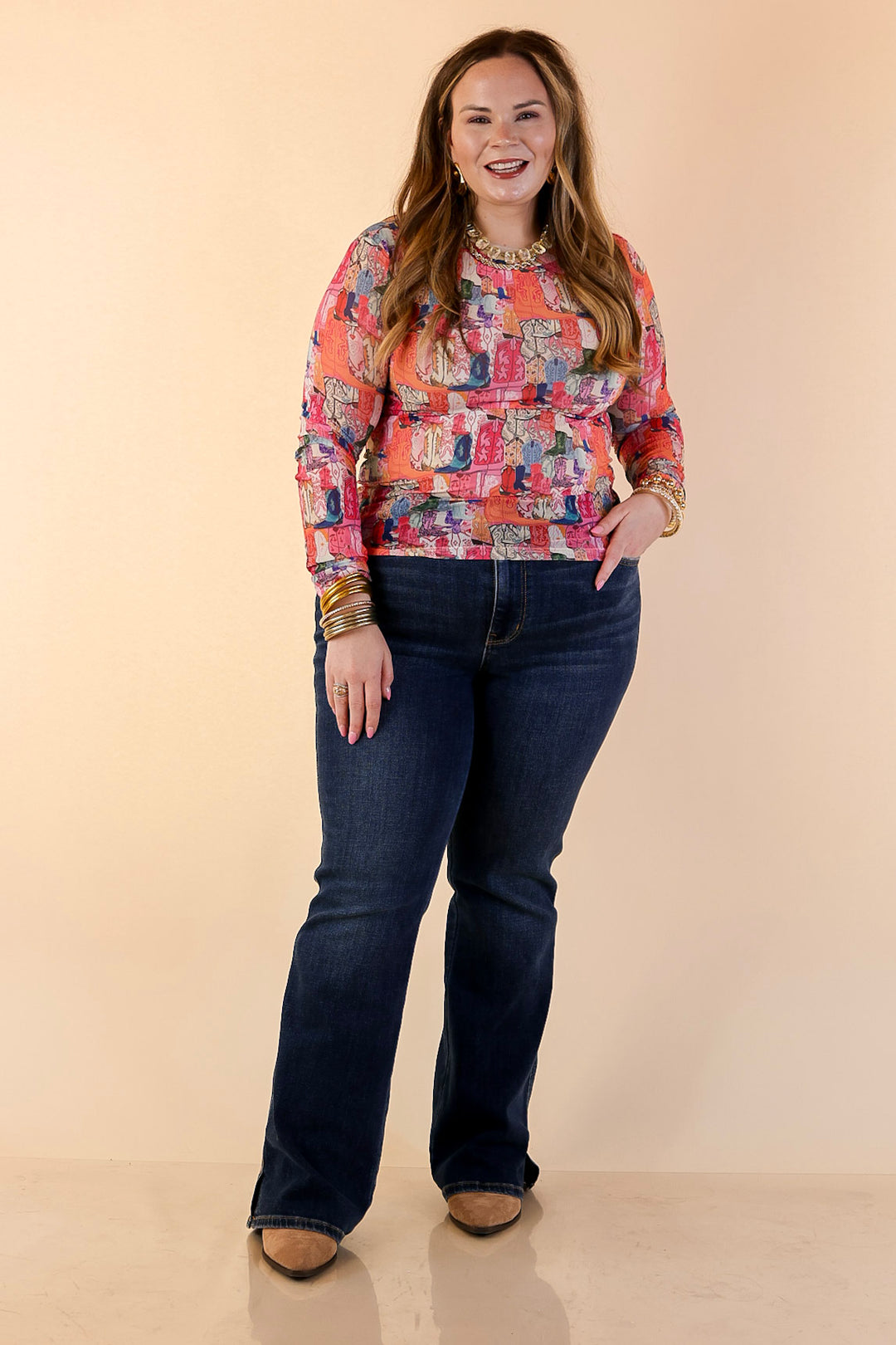 The Perfect Layer Western Boot Print Mesh Long Sleeve Top in Pink Multicolor