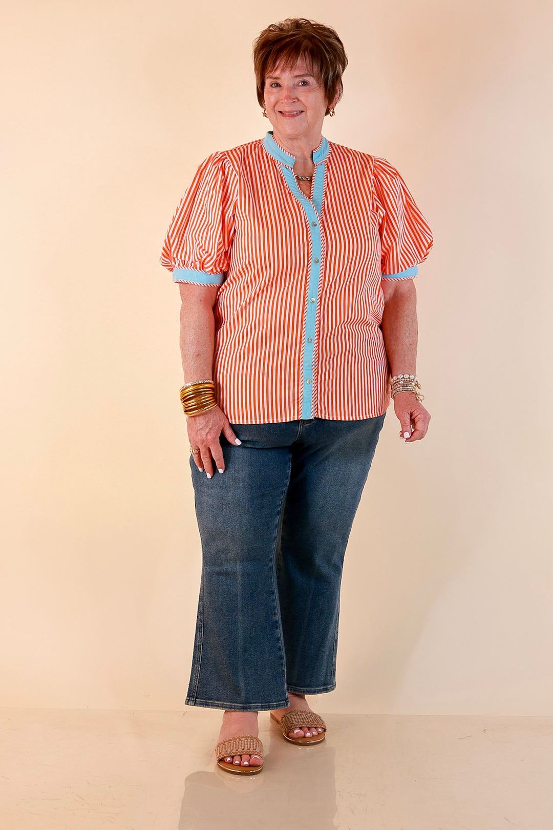 Pop of Polish Short Puff Sleeve Button Front Top with Contrast Trim in Orange, White and Sky Blue