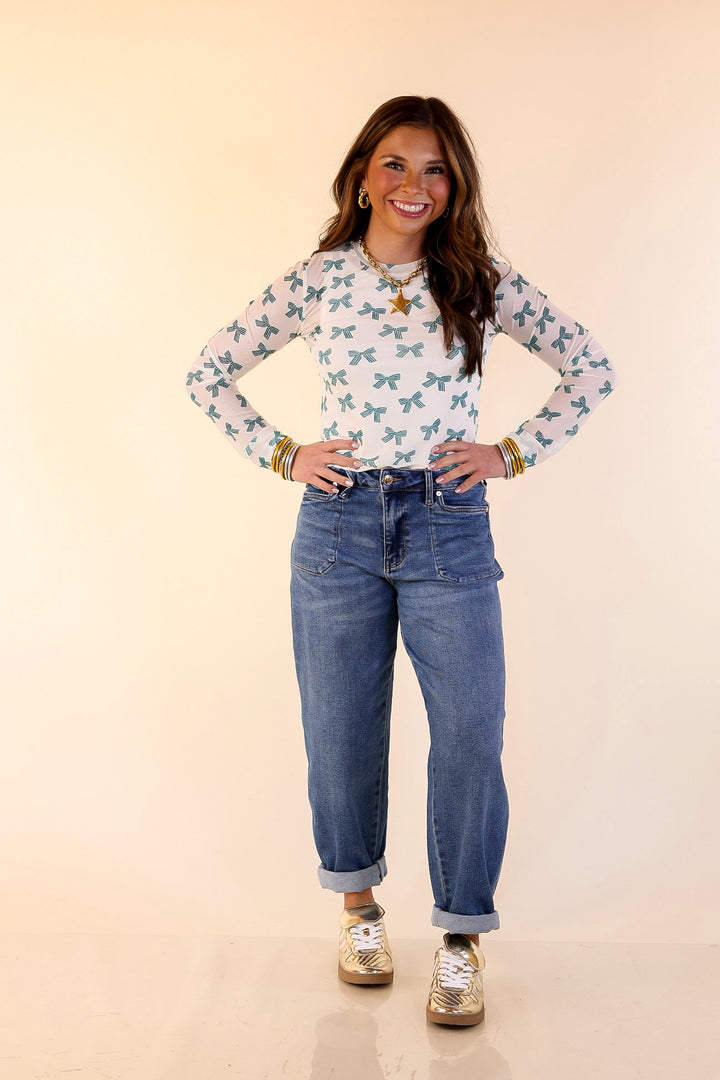 The Perfect Layer Bow Print Mesh Long Sleeve Top in Ivory and Green