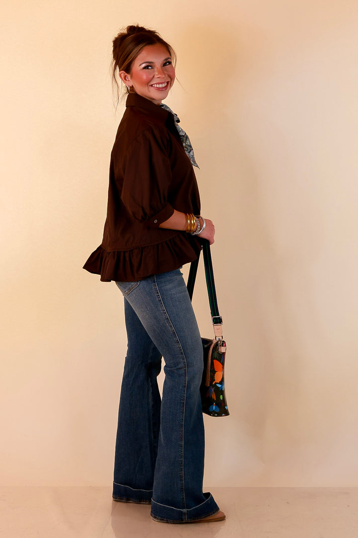 Style Agenda Solid Button Down Peplum Top in Deep Chocolate Brown