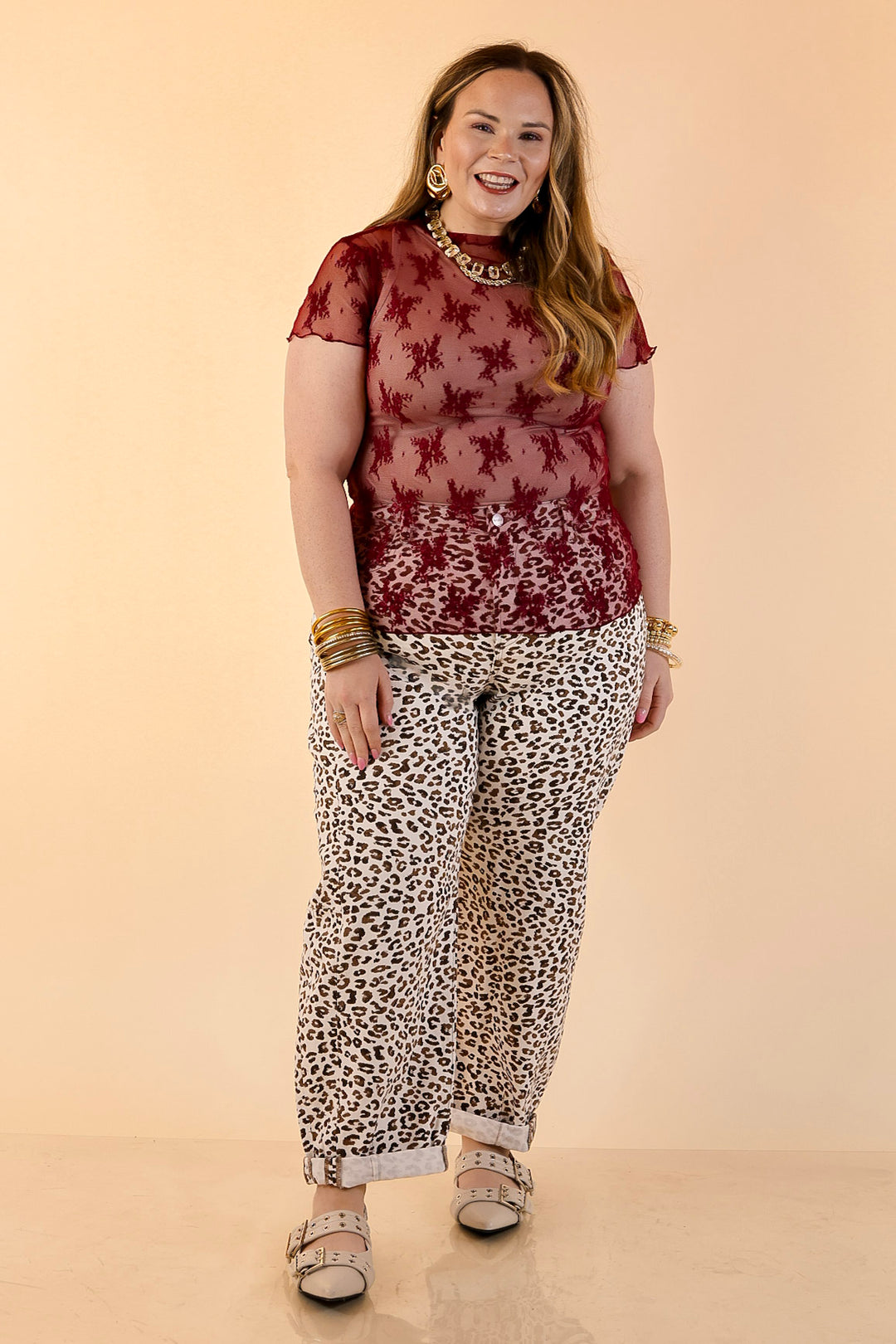 Lovely in Lace Sheer Mock Neck Short Sleeve Top in Maroon