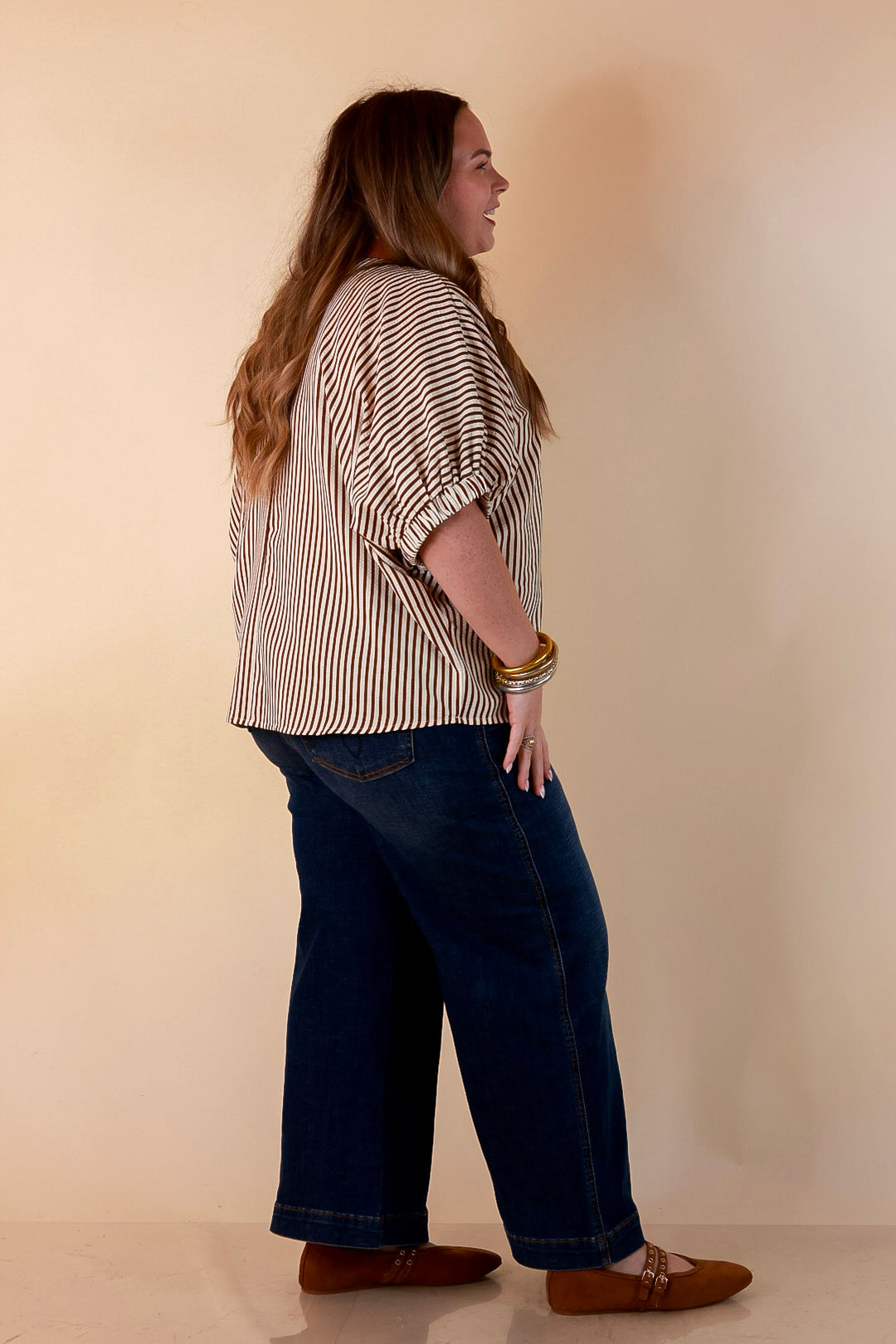 Naturally Stylish Stripe Top with Contrast Stripe Trim and Short Dolman Sleeves in Camel Brown