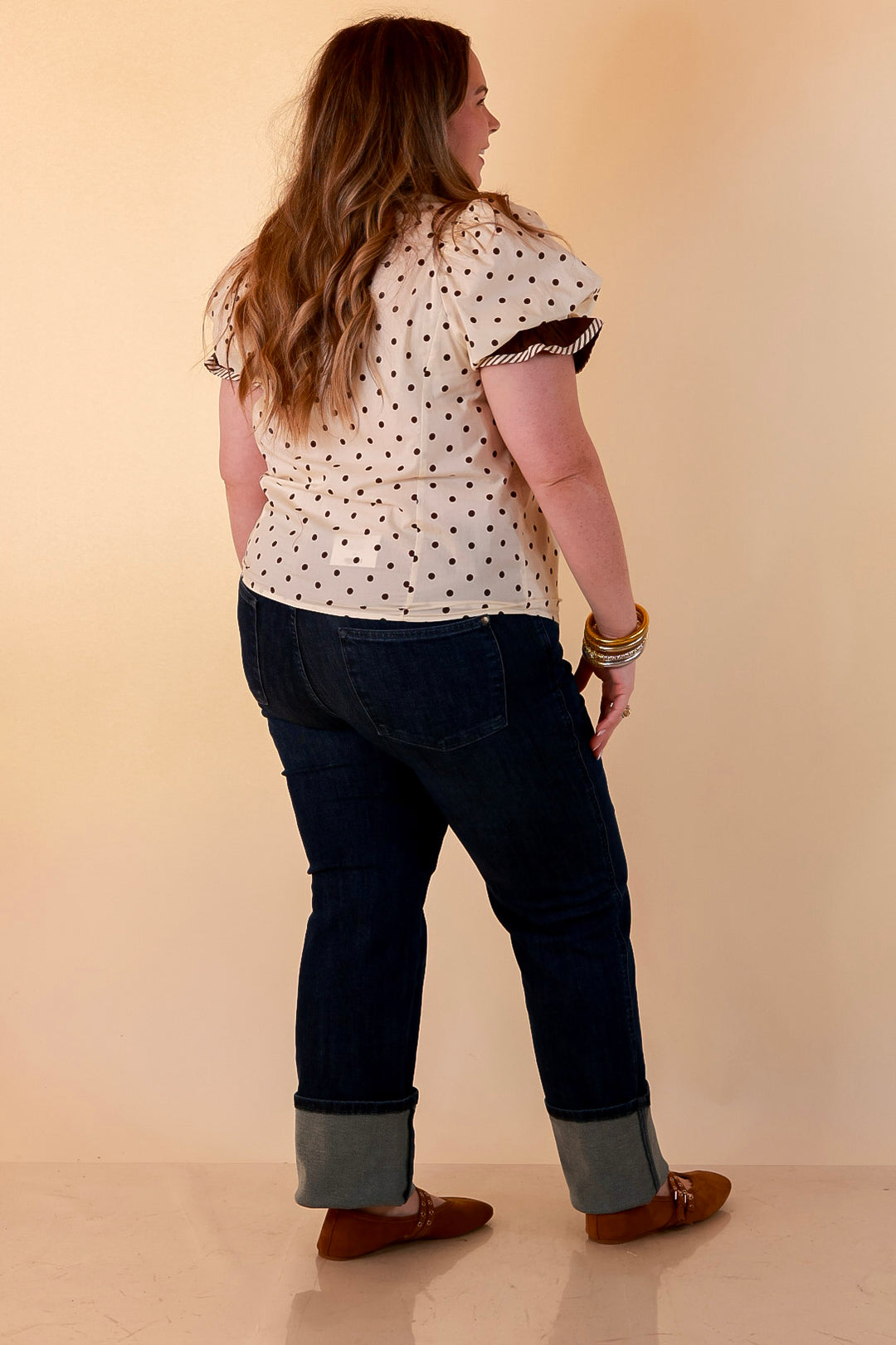 Endless Elegance Ruffled V Neck Polka Dot Print Top in Cream and Brown