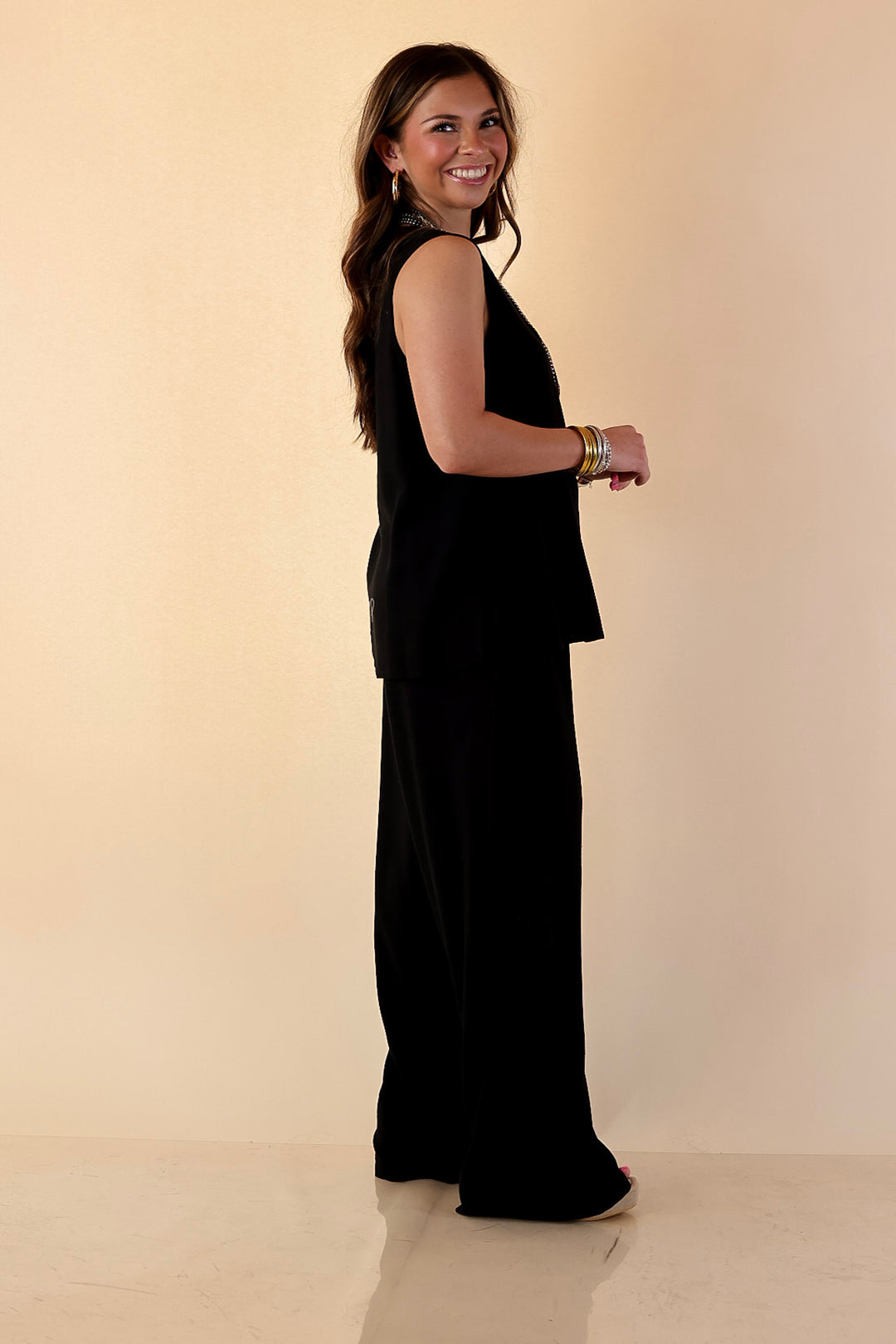 Styled for Success Button Up Linen Vest in Black