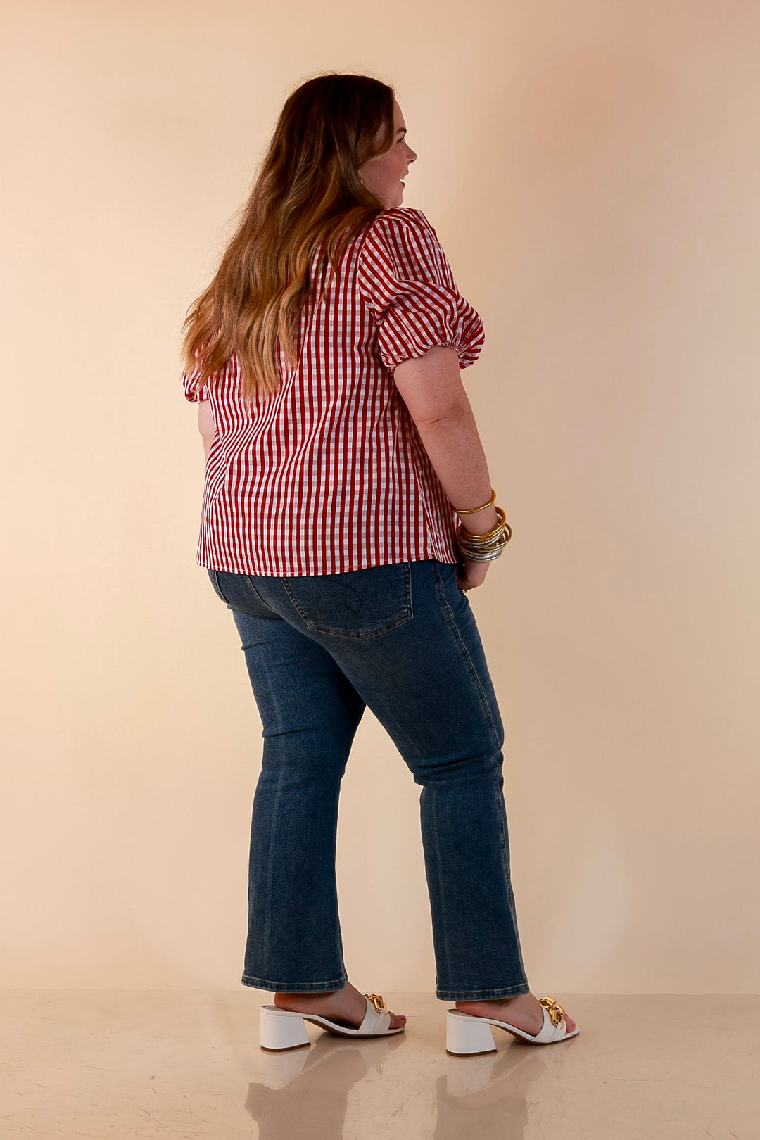 Polished &amp; Playful Short Puff Sleeve Gingham Top with Contrast Blue Trim in Red and White