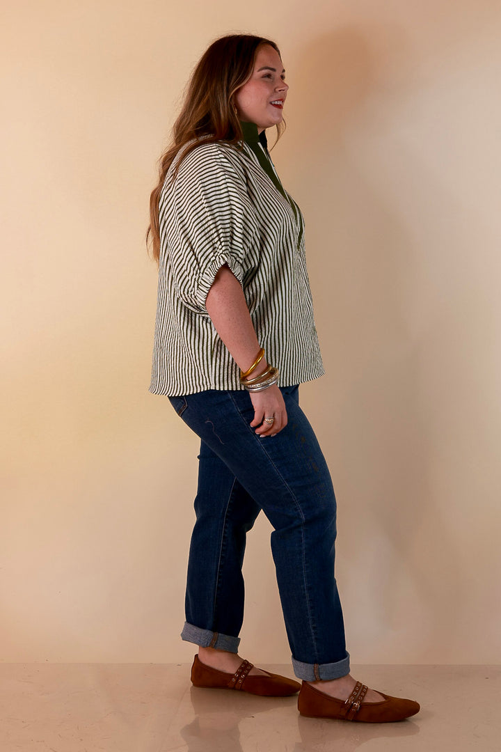 Naturally Stylish Stripe Top with Contrast Stripe Trim and Short Dolman Sleeves in Olive Green