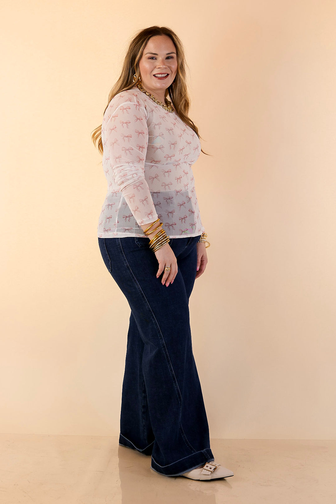 The Perfect Layer Coquette Pink Bow Print Mesh Long Sleeve Top in Ivory