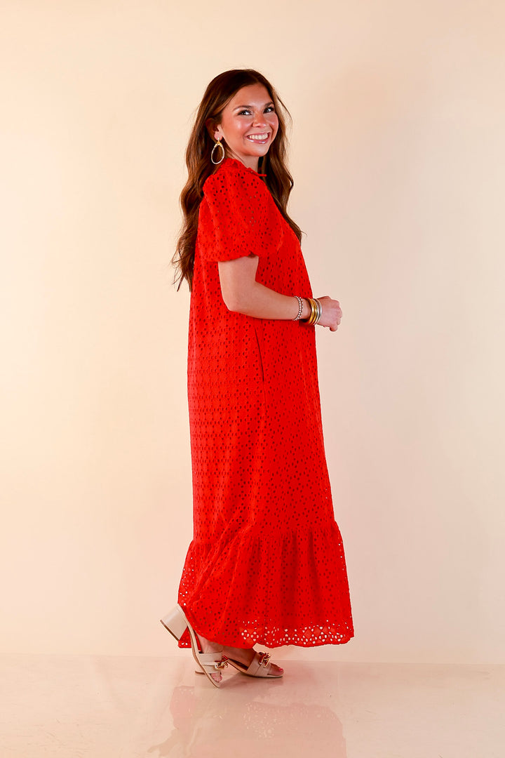 Meet Me at Sunset Eyelet Lace Puff Sleeve Tiered Maxi Dress in Red