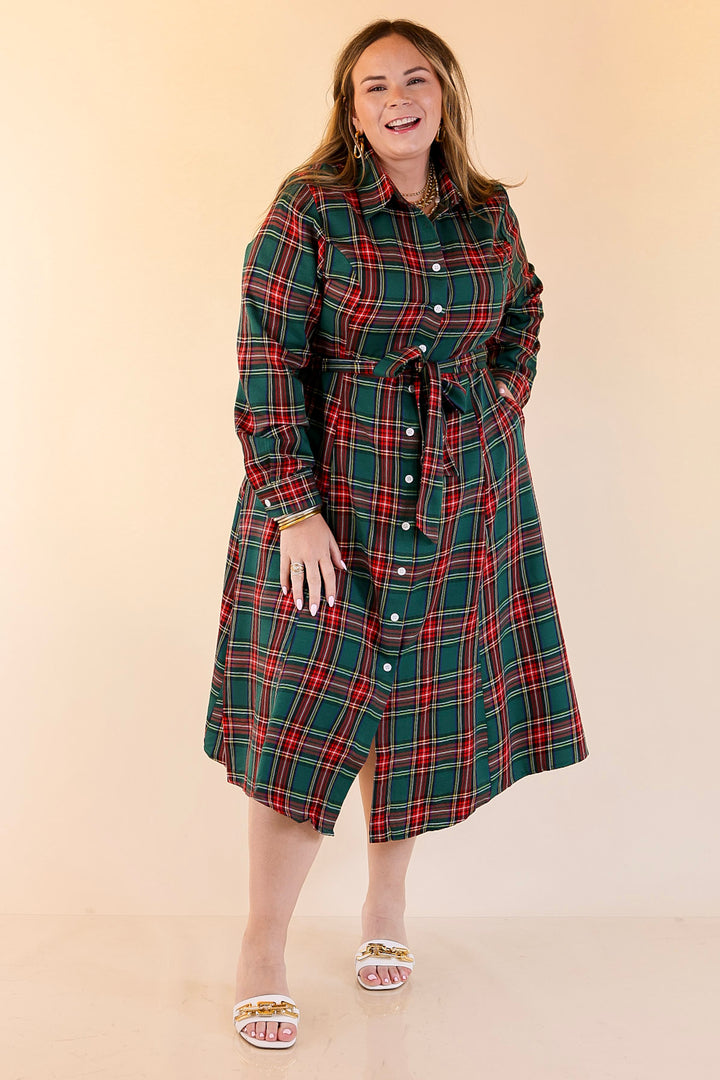 Polished Presence Long Sleeve Plaid Button Up Collared Midi Dress in Green