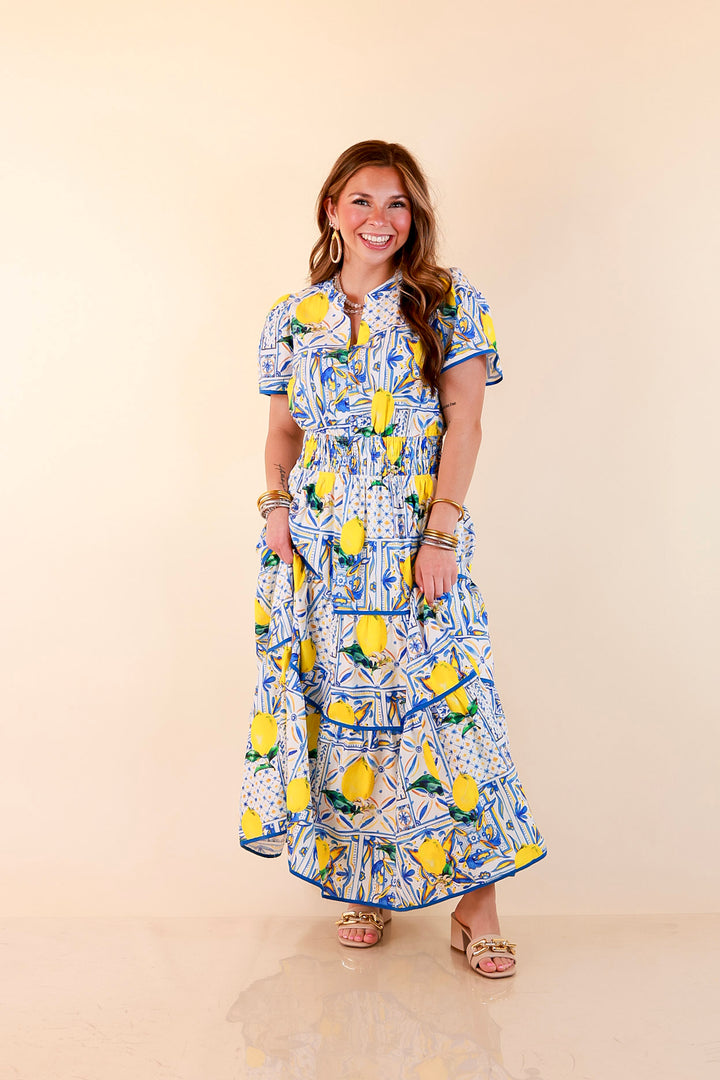 Villa Views Lemon and Tile Abstract Print Tiered Midi Dress in Blue and Yellow