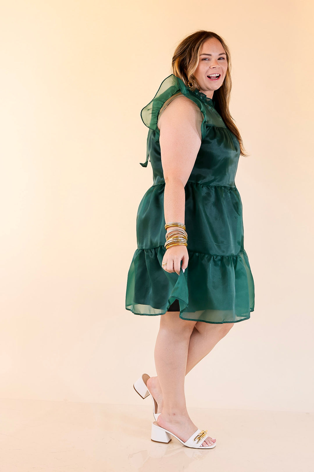 Mud Pie | Jane High Neck Sheer Tulle Ruffle Tiered Dress in Forest Green