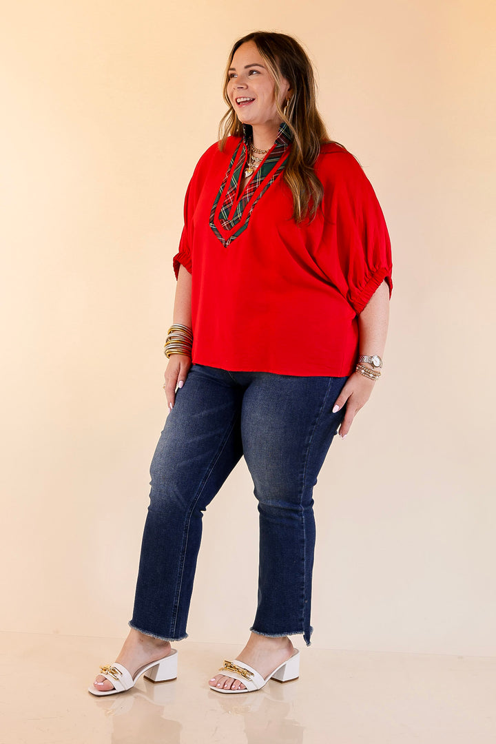 Naturally Stylish Poncho Top with Green Plaid Trim in Red