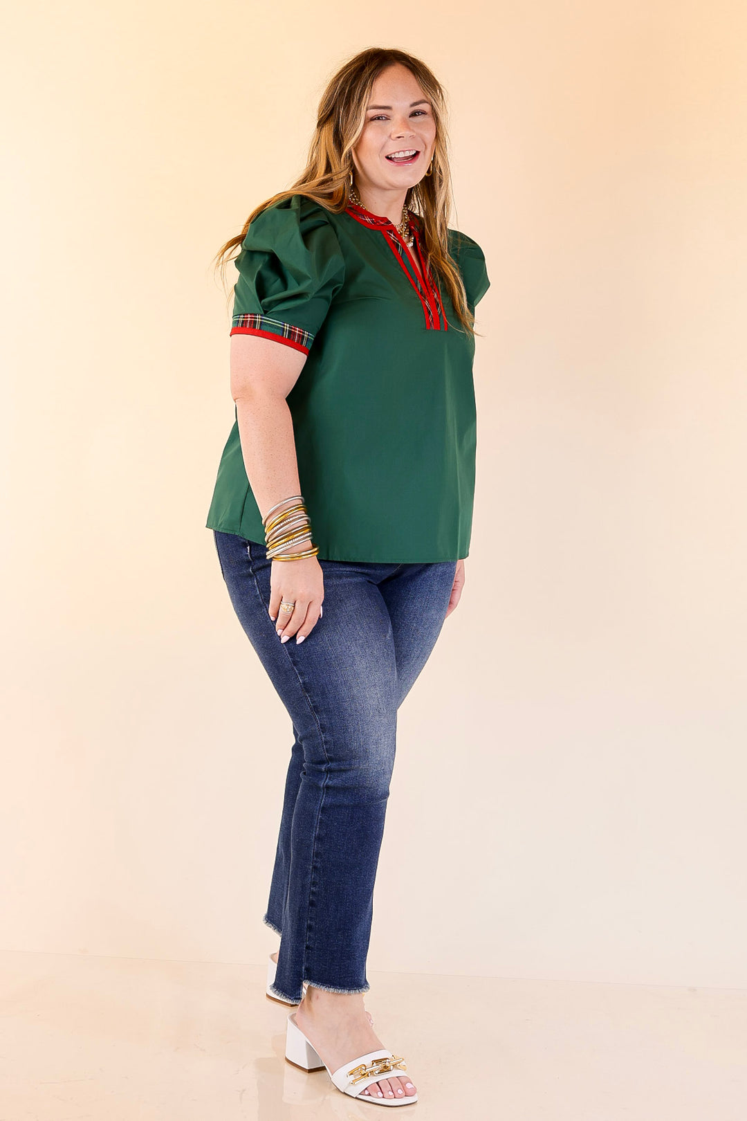 Commanding Style V Neck Top with Short Balloon Sleeves and Plaid Trim in Hunter Green
