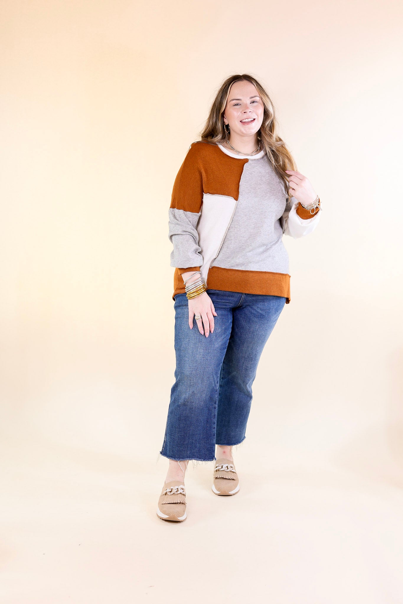 Cozy Creation Colorblock Long Sleeve Top in Rust Orange Mix